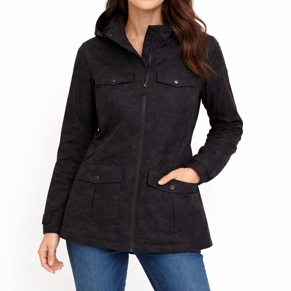 Michael Kors Black Hooded Camo Hooded Jacket Utility Coat Women’s Size M NWT